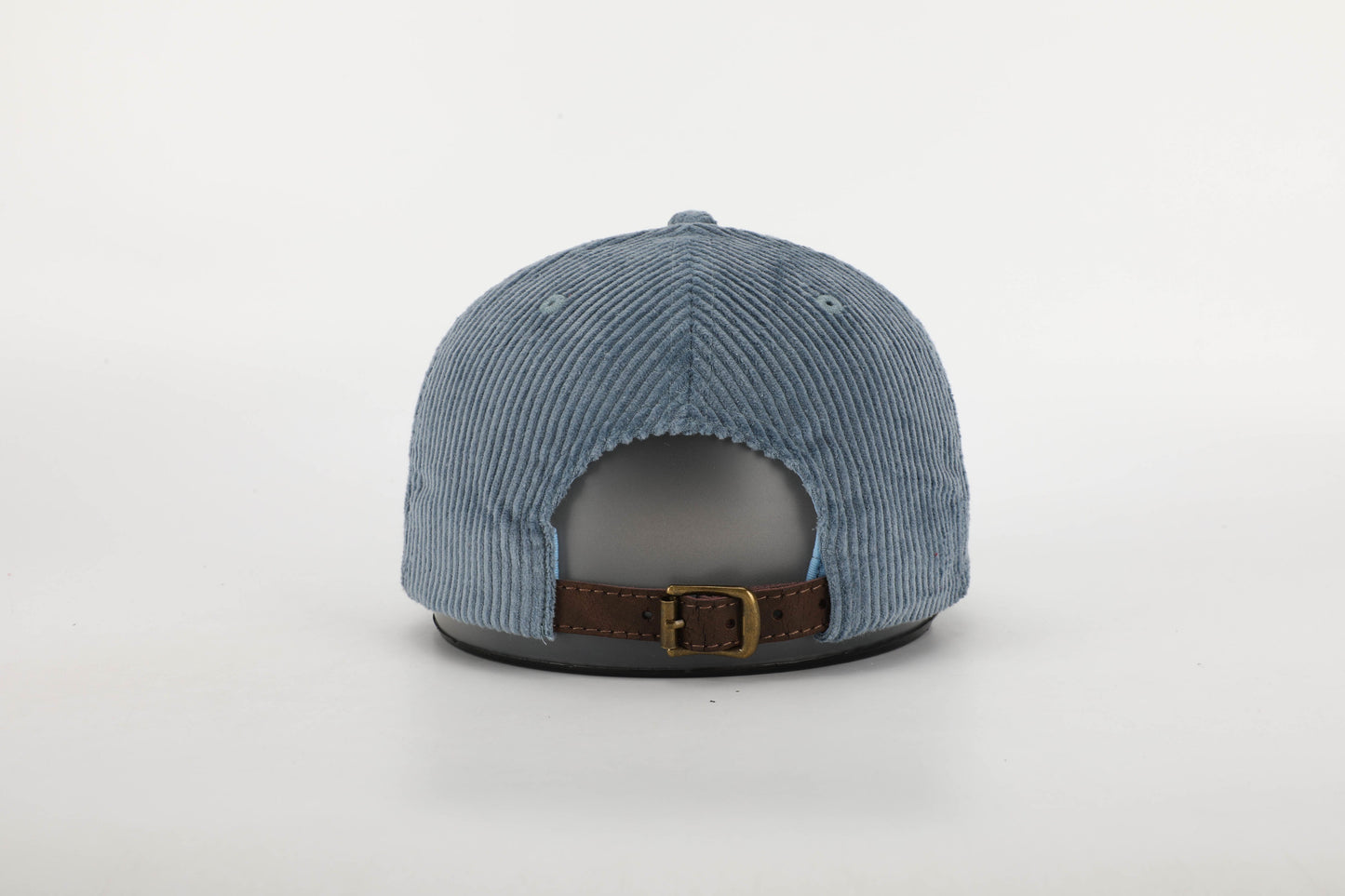 unisex blue corduroy cap orange stitching brown leather buckle strap baseball cap brass buckle