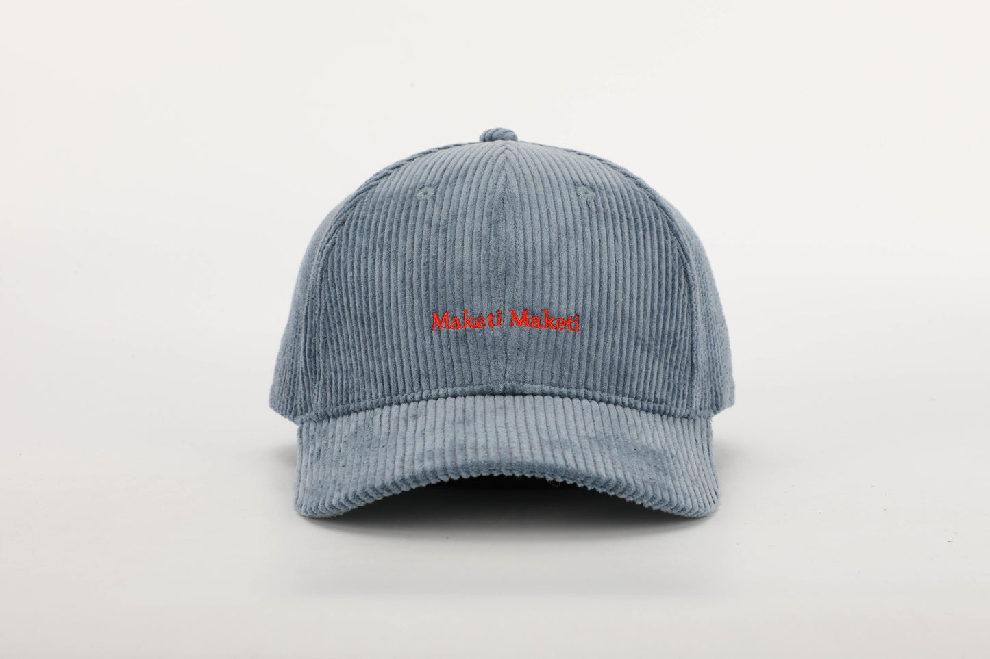 unisex blue corduroy cap orange stitching brown leather buckle strap baseball cap face on