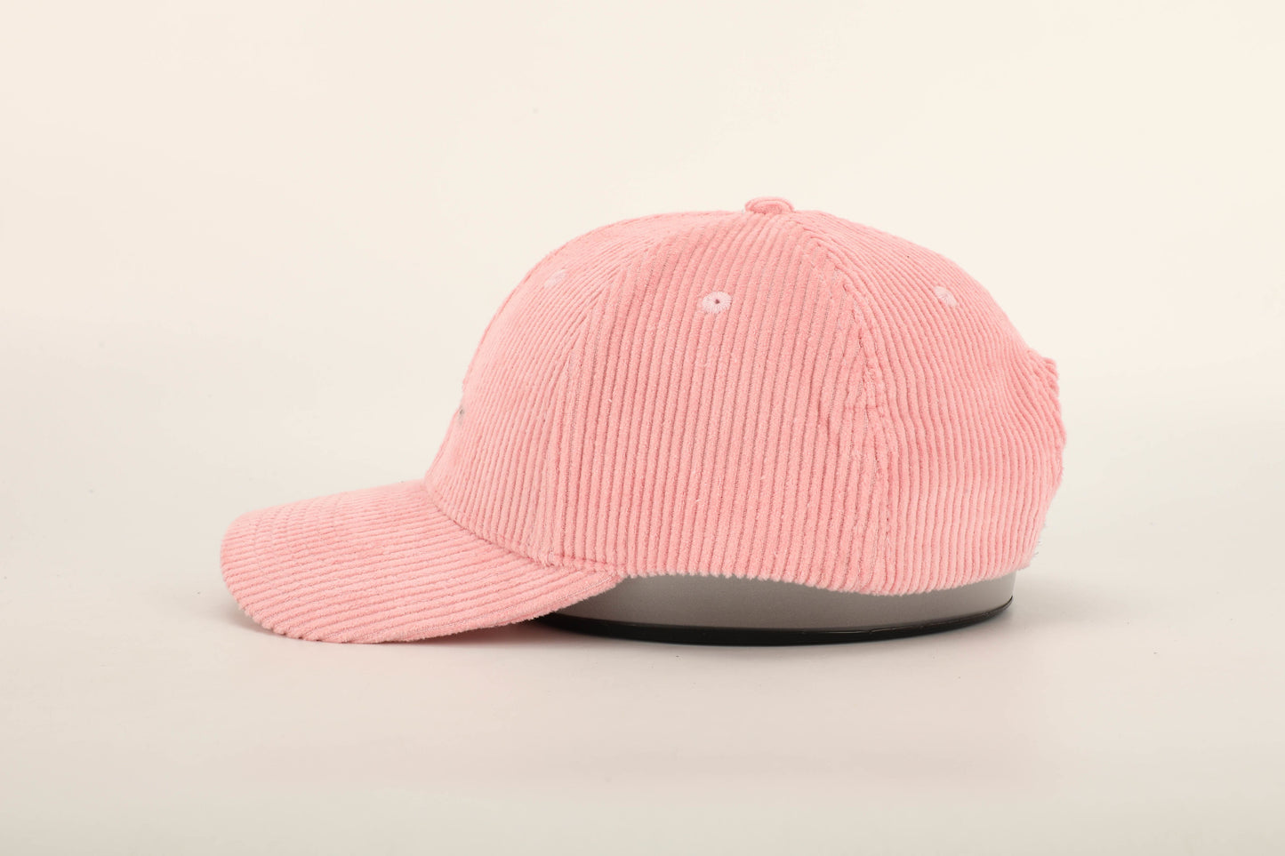 unisex pink corduroy cap green stitching brown leather buckle strap baseball cap side view