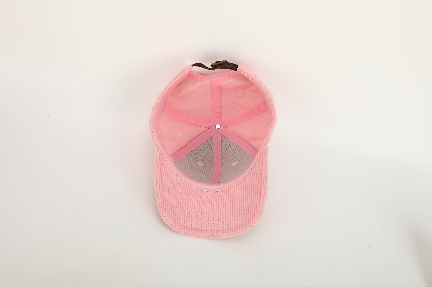 unisex pink corduroy cap green stitching brown leather buckle strap baseball cap inside cap