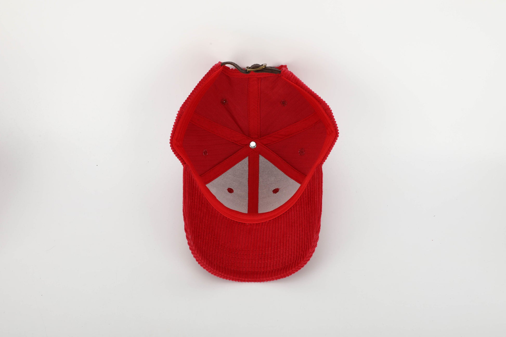unisex red corduroy cap cream stitching brown leather buckle strap baseball cap inside cap