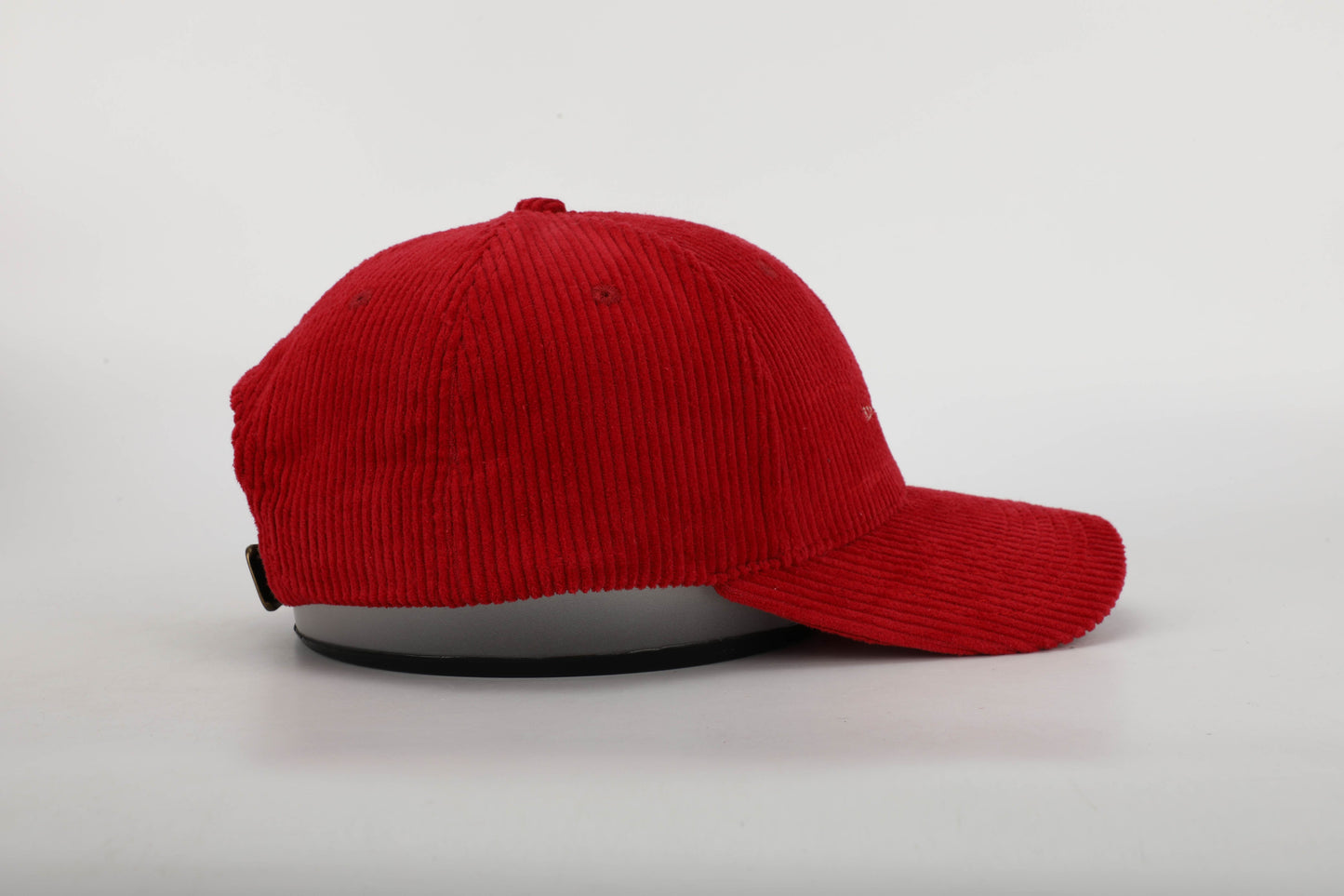 unisex red corduroy cap cream stitching brown leather buckle strap baseball cap side view